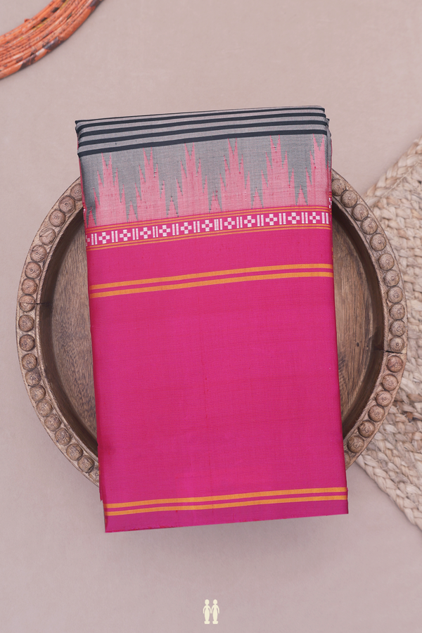 Kanchipuram Silk Saree In Black And Grey With Stripes Design