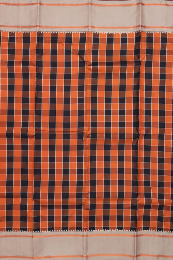 Kanchipuram Silk Saree In Black And Orange With Checks Design