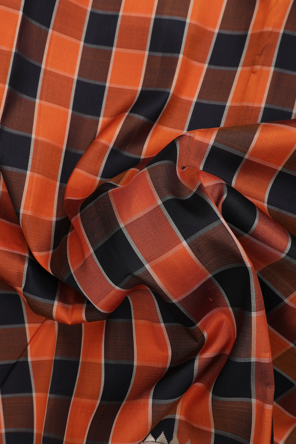 Kanchipuram Silk Saree In Black And Orange With Checks Design