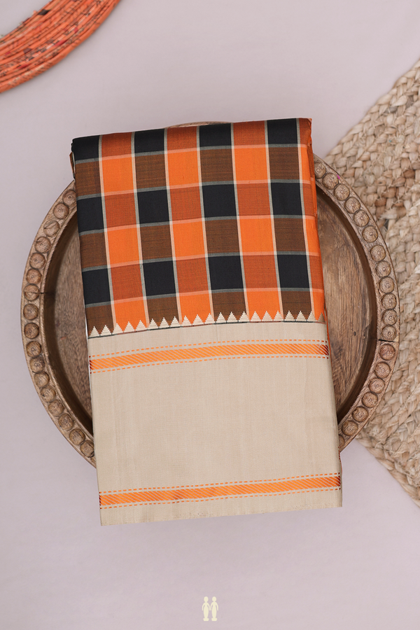 Kanchipuram Silk Saree In Black And Orange With Checks Design