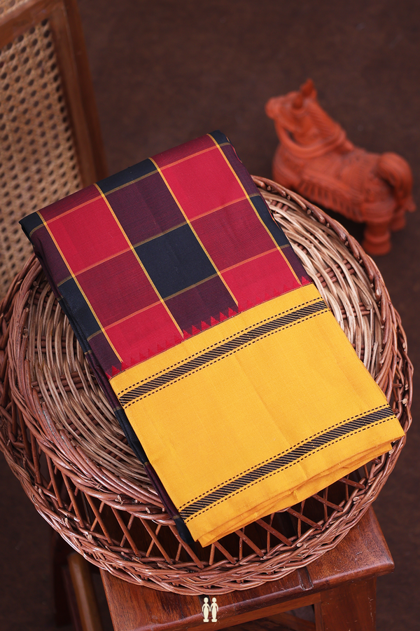 Kanchipuram Silk Saree In Black And Red With Checks Design
