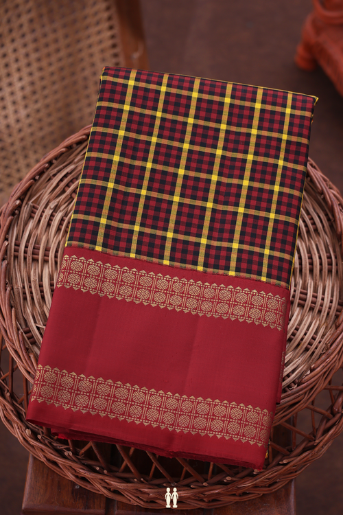 Kanchipuram Silk Saree In Black And Red With Checks Design