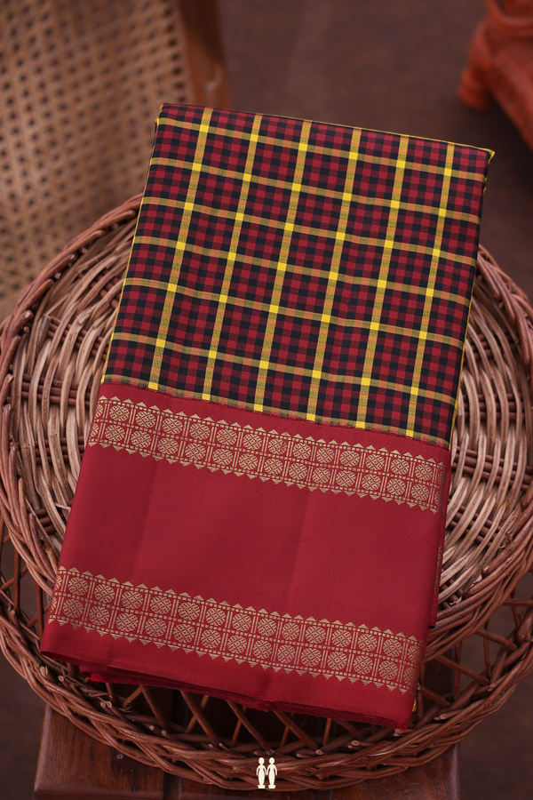 Kanchipuram Silk Saree In Black And Red With Checks Design