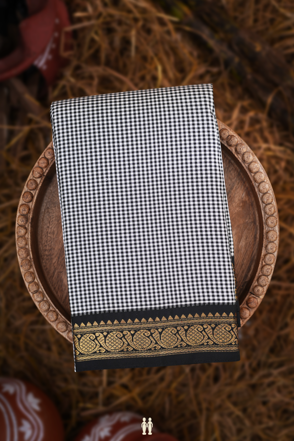 Kanchipuram Silk Saree In Black And White With Checks Design