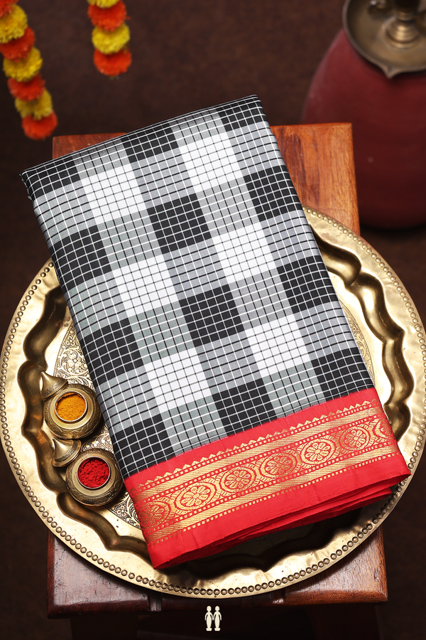 Kanchipuram Silk Saree In Black And White With Checks Design