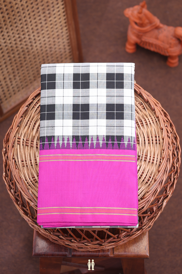 Kanchipuram Silk Saree In Black And White With Checks Design