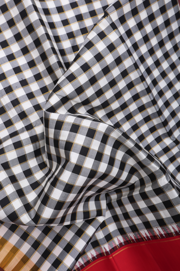 Kanchipuram Silk Saree In Black And White With Checks Design