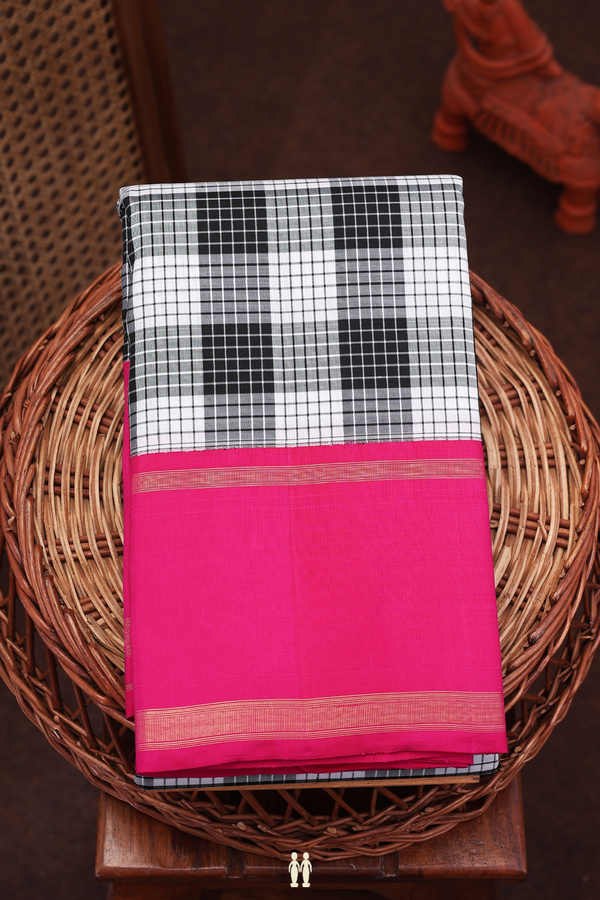 Kanchipuram Silk Saree In Black And White With Checks Design