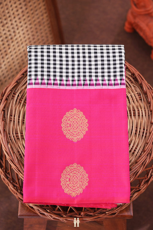 Kanchipuram Silk Saree In Black And White With Checks Design