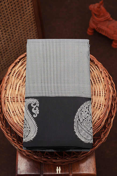 Kanchipuram Silk Saree In Black And White With Checks Design