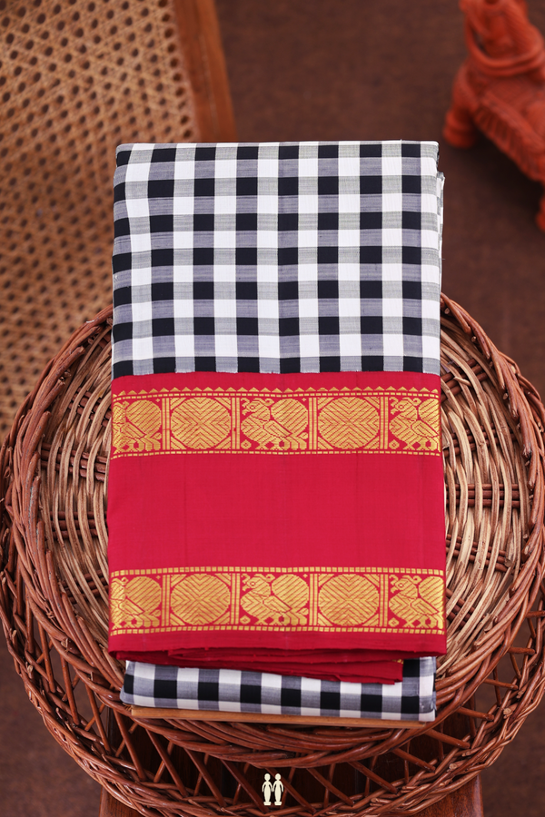 Kanchipuram Silk Saree In Black And White With Checks Design