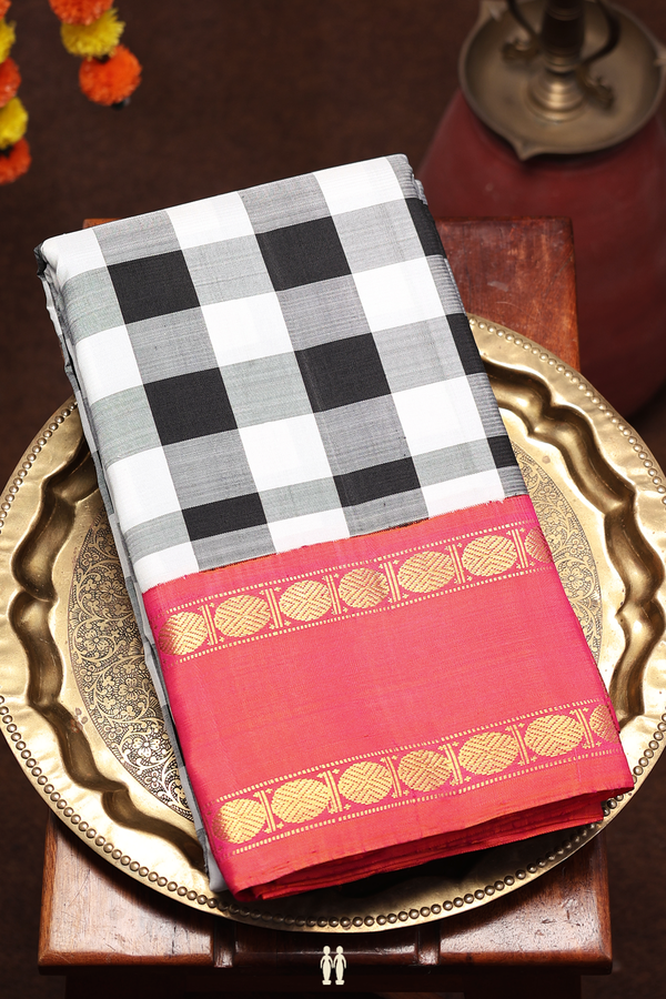 Kanchipuram Silk Saree In Black And White With Checks Design