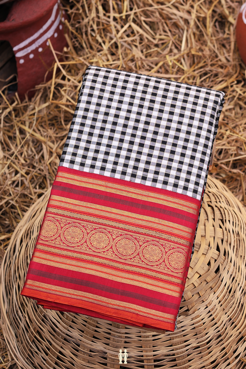 Kanchipuram Silk Saree In Black And White With Checks Design