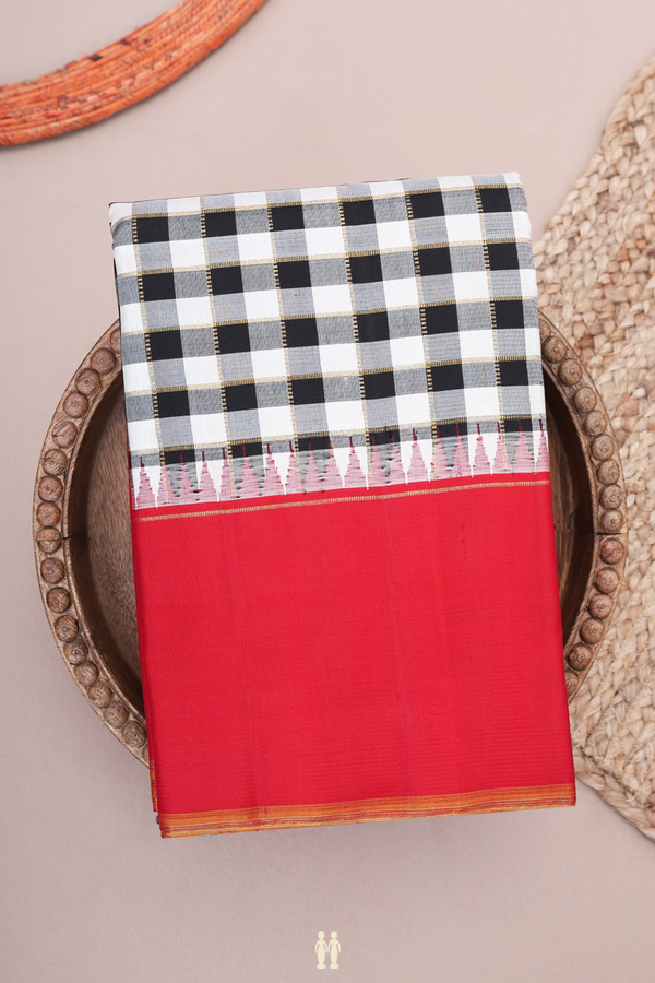 Kanchipuram Silk Saree In Black And White With Checks Design