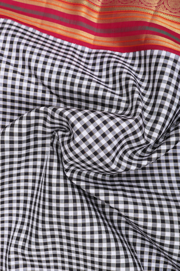 Kanchipuram Silk Saree In Black And White With Checks Design