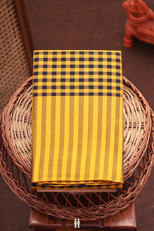 Kanchipuram Silk Saree In Black And Yellow With Checks Design