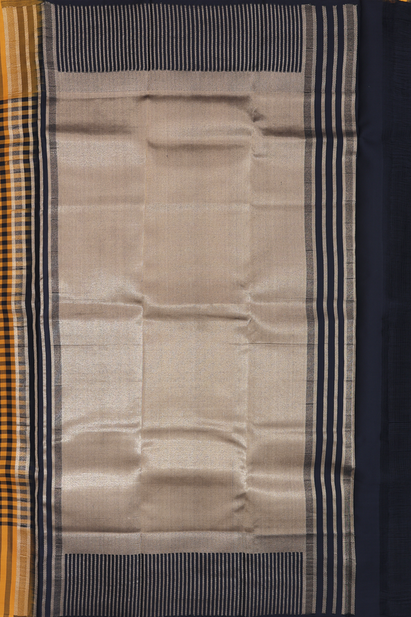 Kanchipuram Silk Saree In Black And Yellow With Checks Design