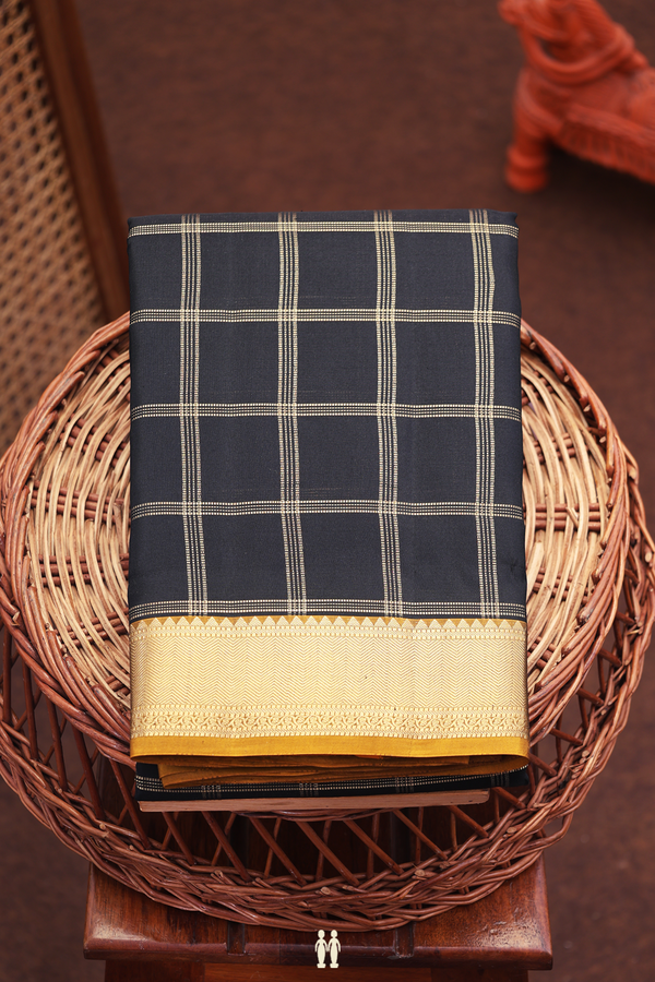 Kanchipuram Silk Saree In Black With Checks Design