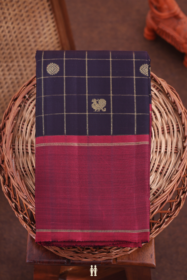 Kanchipuram Silk Saree In Black With Checks Design