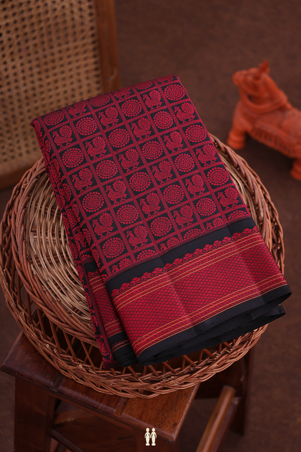 Kanchipuram Silk Saree In Black With Checks Design