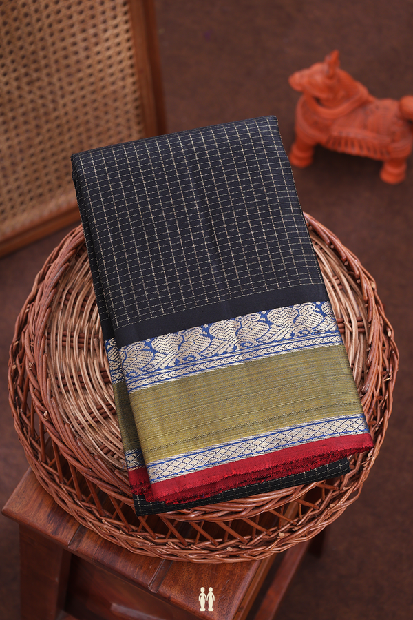 Kanchipuram Silk Saree In Black With Checks Design