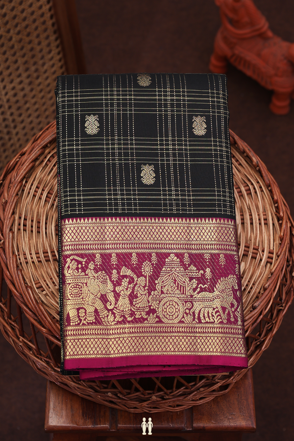 Kanchipuram Silk Saree In Black With Checks Design