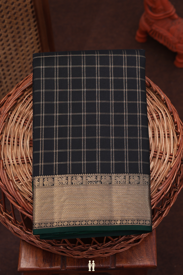 Kanchipuram Silk Saree In Black With Checks Design