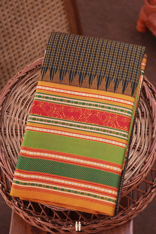 Kanchipuram Silk Saree In Black With Checks Design
