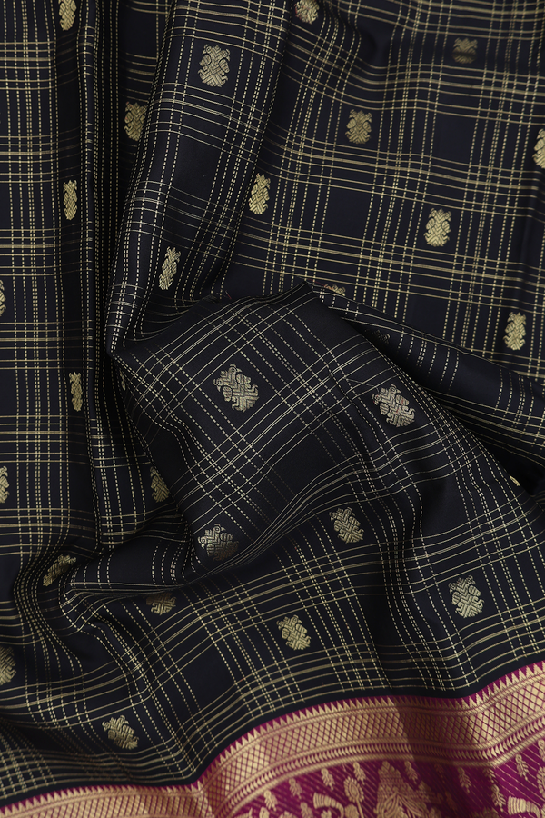 Kanchipuram Silk Saree In Black With Checks Design