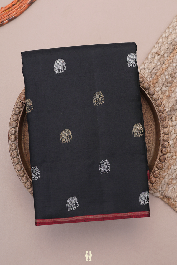 Kanchipuram Silk Saree In Black With Elephant Zari Motifs