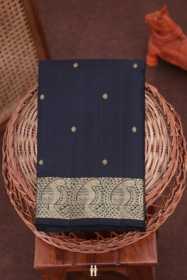 Kanchipuram Silk Saree In Black With Floral Buttis