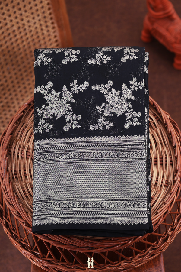 Kanchipuram Silk Saree In Black With Floral Design