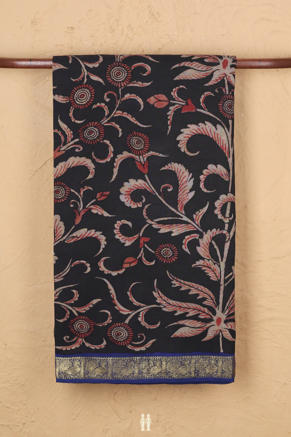 Kanchipuram Silk Saree In Black With Floral Hand Painted