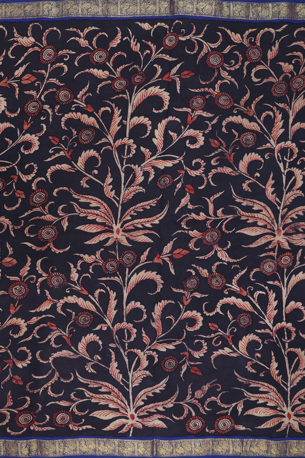 Kanchipuram Silk Saree In Black With Floral Hand Painted