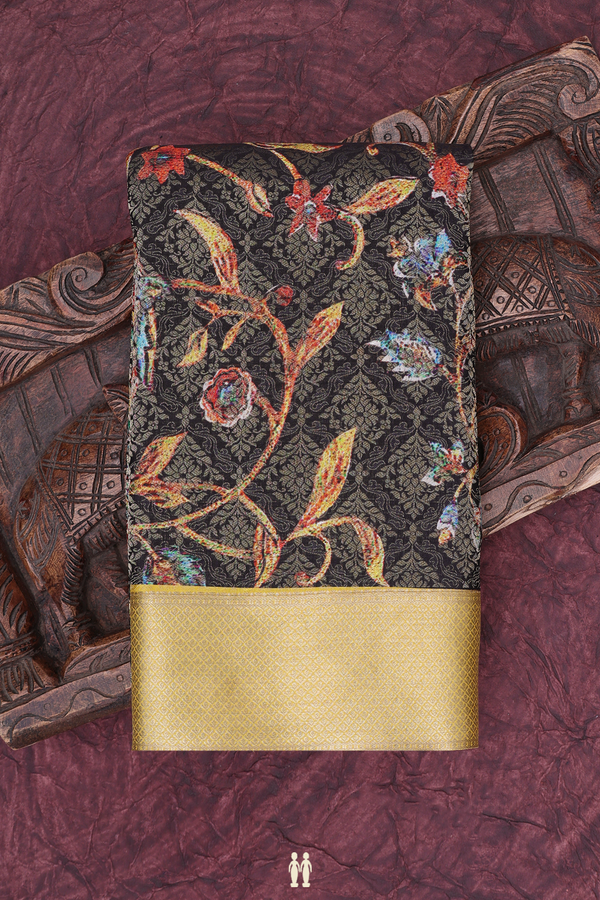 Mysore Silk Saree In Black With Floral Printed Design
