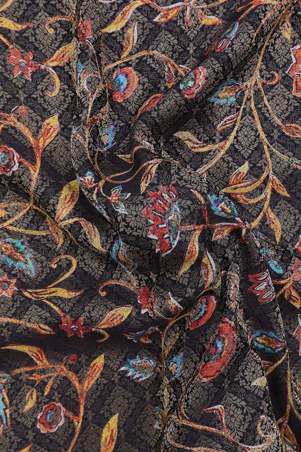 Mysore Silk Saree In Black With Floral Printed Design
