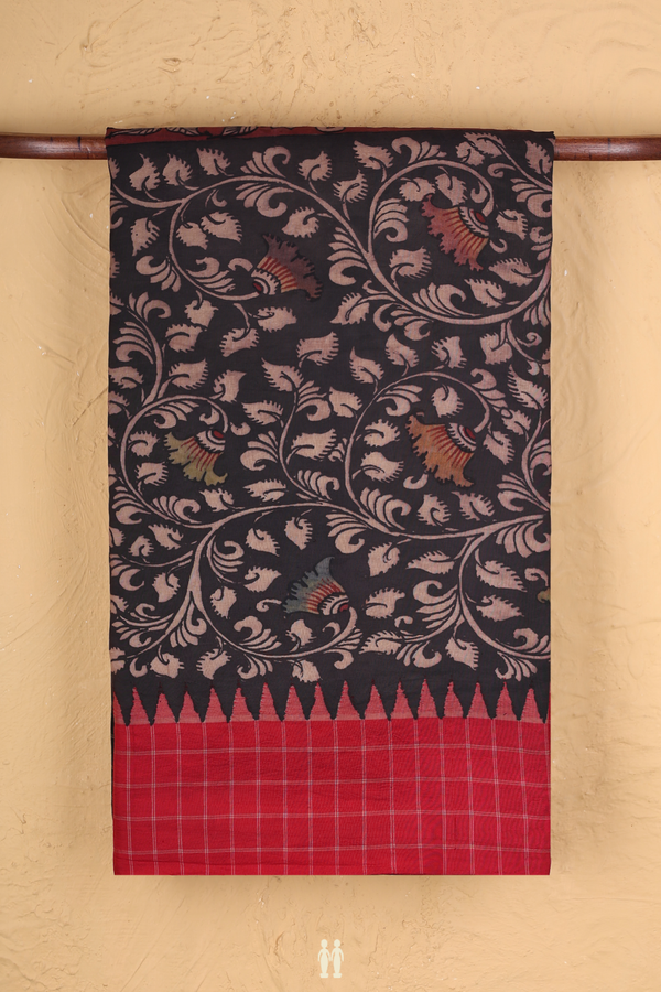 Kanchipuram Silk Saree In Black With Hand Painted Design