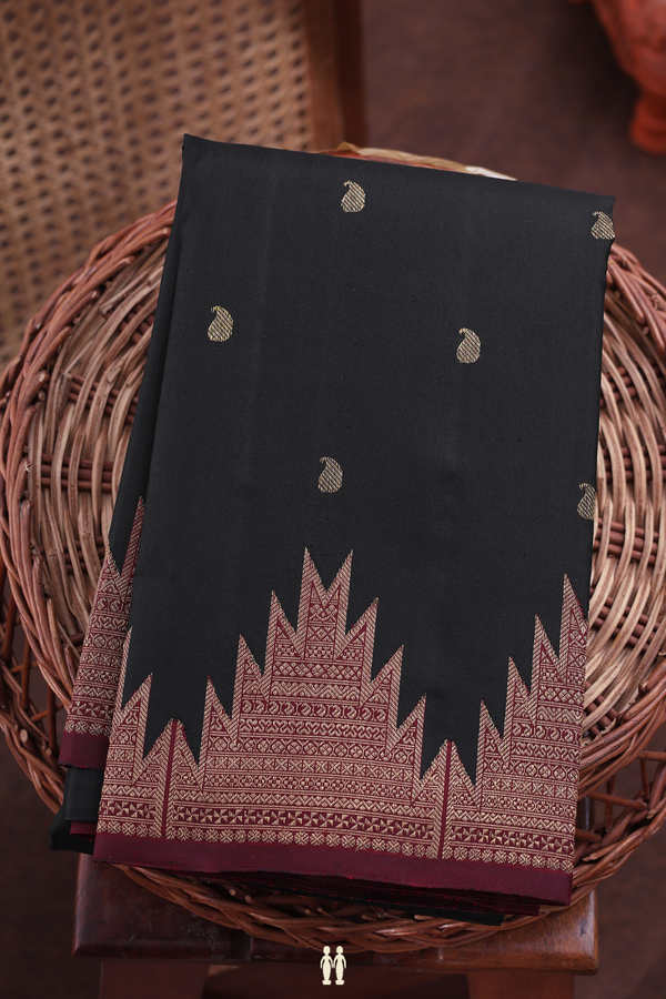 Kanchipuram Silk Saree In Black With Paisley Buttas