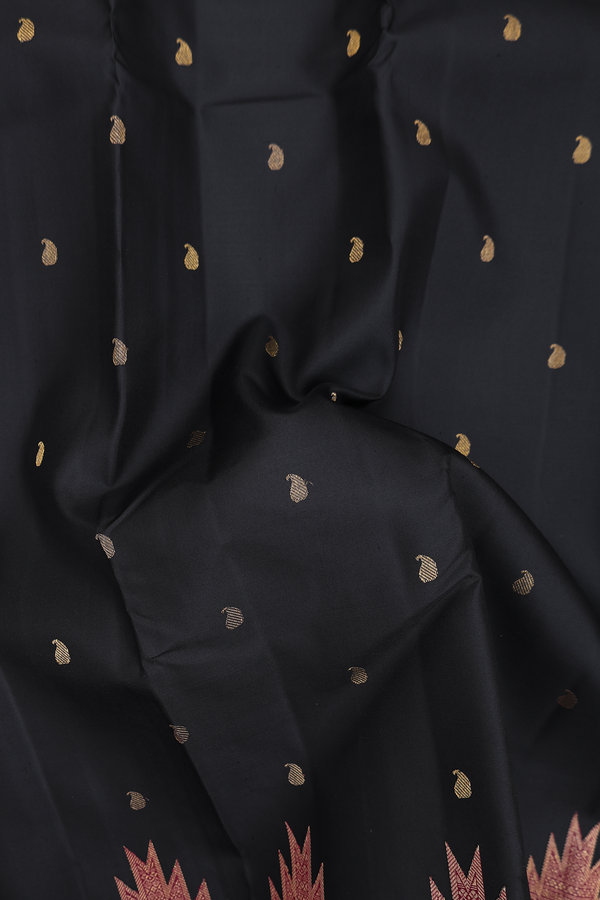 Kanchipuram Silk Saree In Black With Paisley Buttas