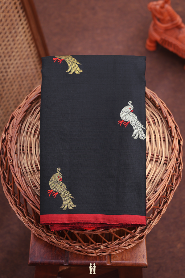 Kanchipuram Silk Saree In Black With Parrot Buttas