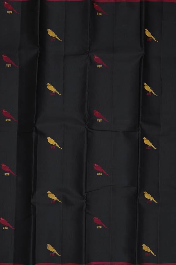 Kanchipuram Silk Saree In Black With Parrot Buttas