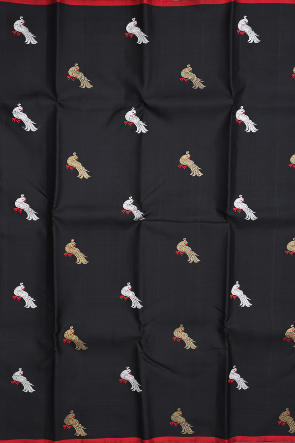 Kanchipuram Silk Saree In Black With Parrot Buttas
