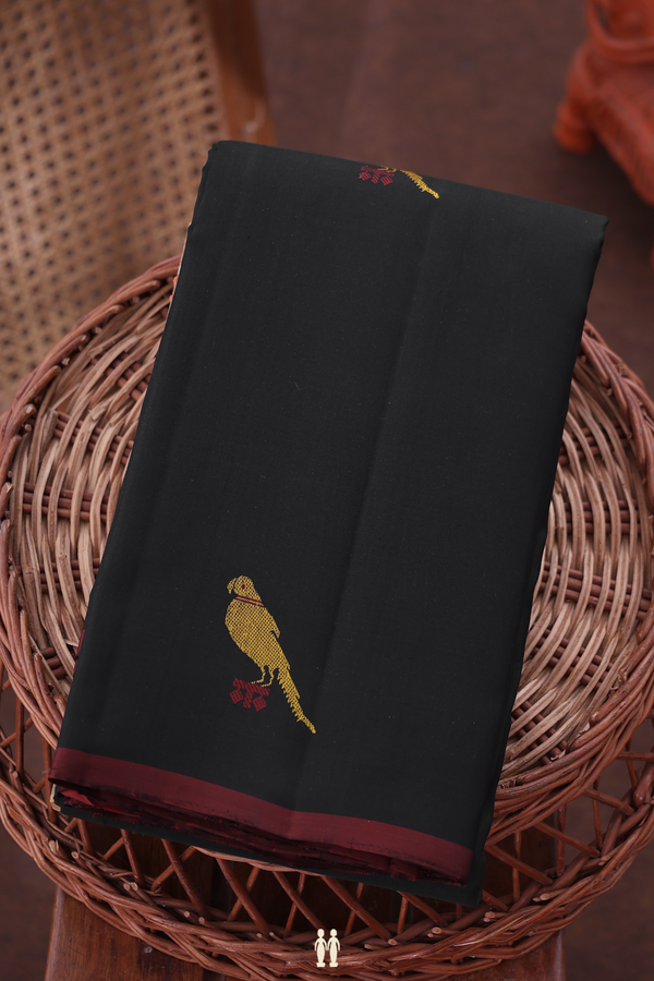 Kanchipuram Silk Saree In Black With Parrot Buttas
