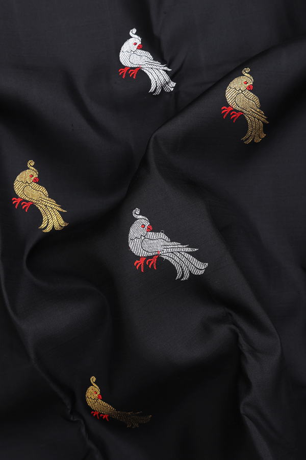 Kanchipuram Silk Saree In Black With Parrot Buttas