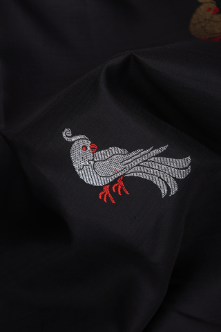 Kanchipuram Silk Saree In Black With Parrot Zari Motifs