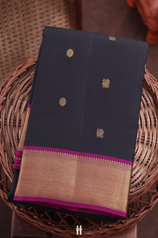 Kanchipuram Silk Saree In Black With Peacock Buttas