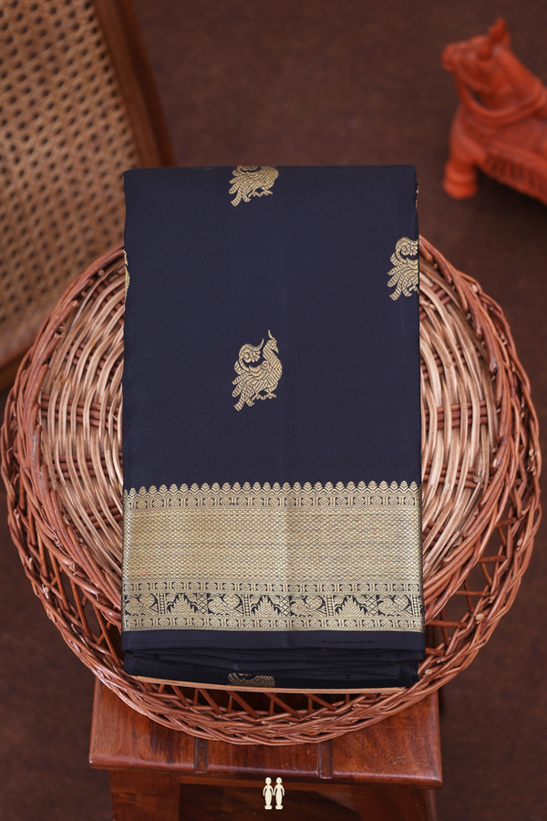 Kanchipuram Silk Saree In Black With Peacock Buttas