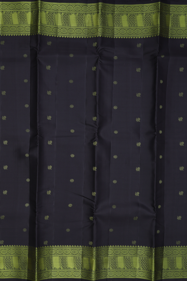 Kanchipuram Silk Saree In Black With Peacock Buttas