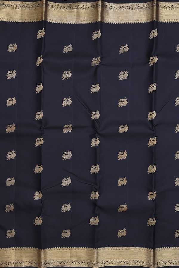 Kanchipuram Silk Saree In Black With Peacock Buttas