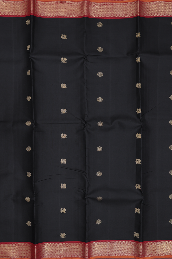 Kanchipuram Silk Saree In Black With Peacock Buttas